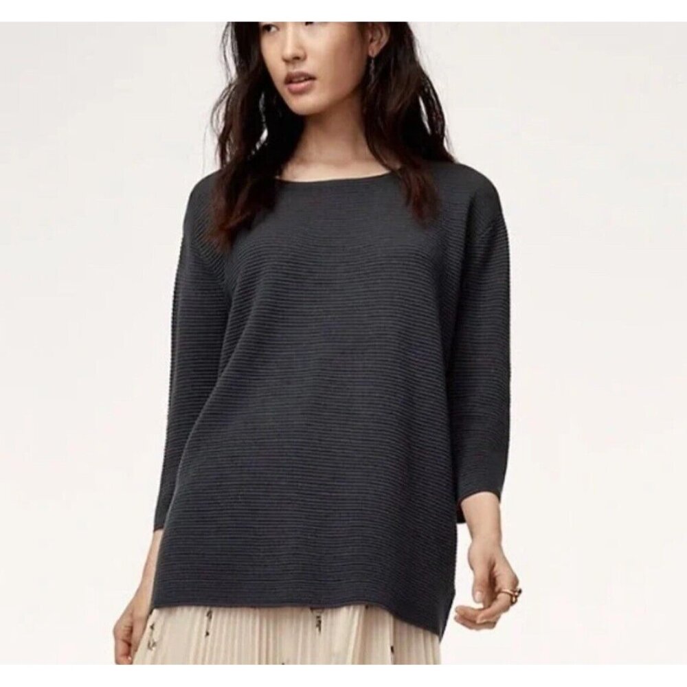 Aritzia Wilfred Black Sweater Womens Sz M Ribbed Knit 3/4 Sleeve Longer Length